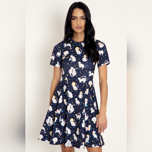 Sleeveless Black Midi Dress with Yellow Evil Cats Print